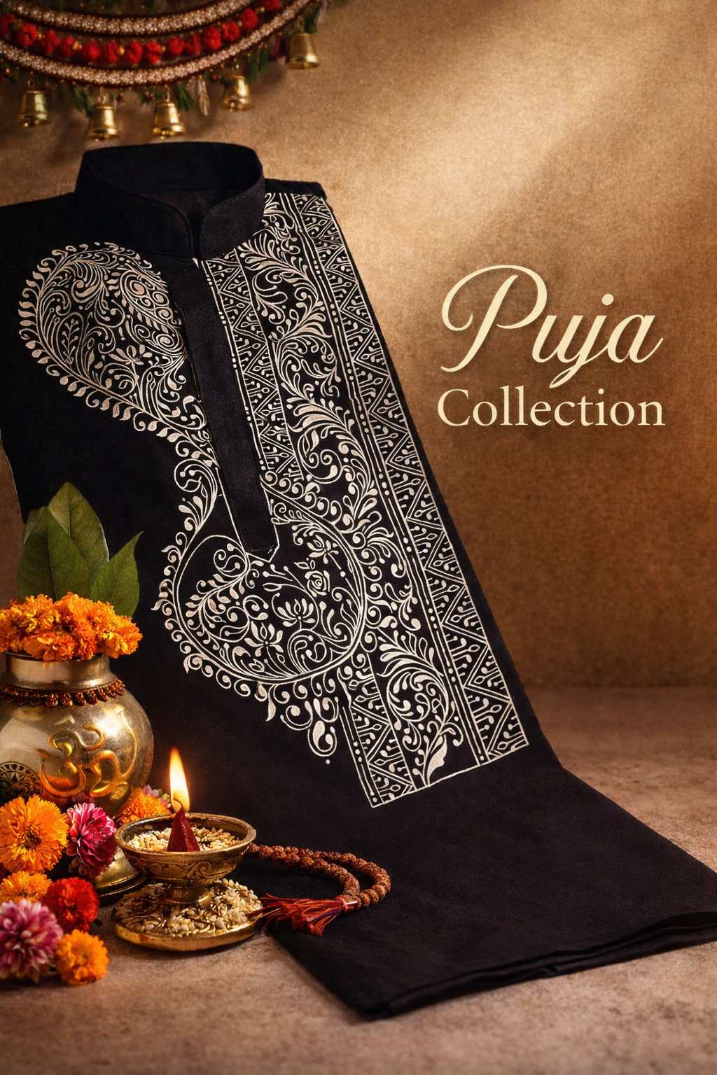 Hand-painted black men’s kurta for Puja Collection featuring intricate white paisley and traditional motifs, displayed with diya, kalash, and marigold flowers for a festive Indian look.