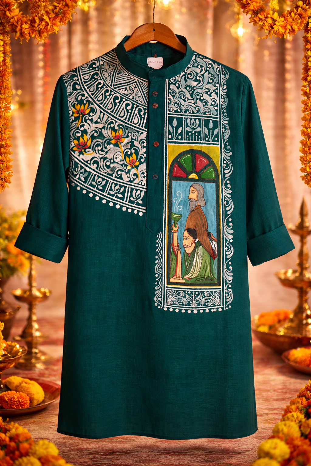 Hand-Painted Heritage Punjabi Kurta – Teal Green Artisan Artwork