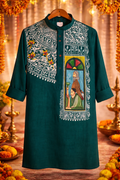Hand-Painted Heritage Punjabi Kurta – Teal Green Artisan Artwork