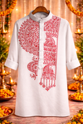Hand-Painted Puja Special White Punjabi Kurta – Red Traditional Motif Art