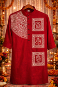 Hand-Painted Occasion Special Red Punjabi Kurta – White Folk Art Motifs