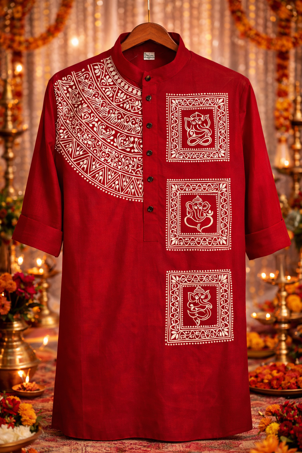 Hand-Painted Occasion Special Red Punjabi Kurta – White Folk Art Motifs