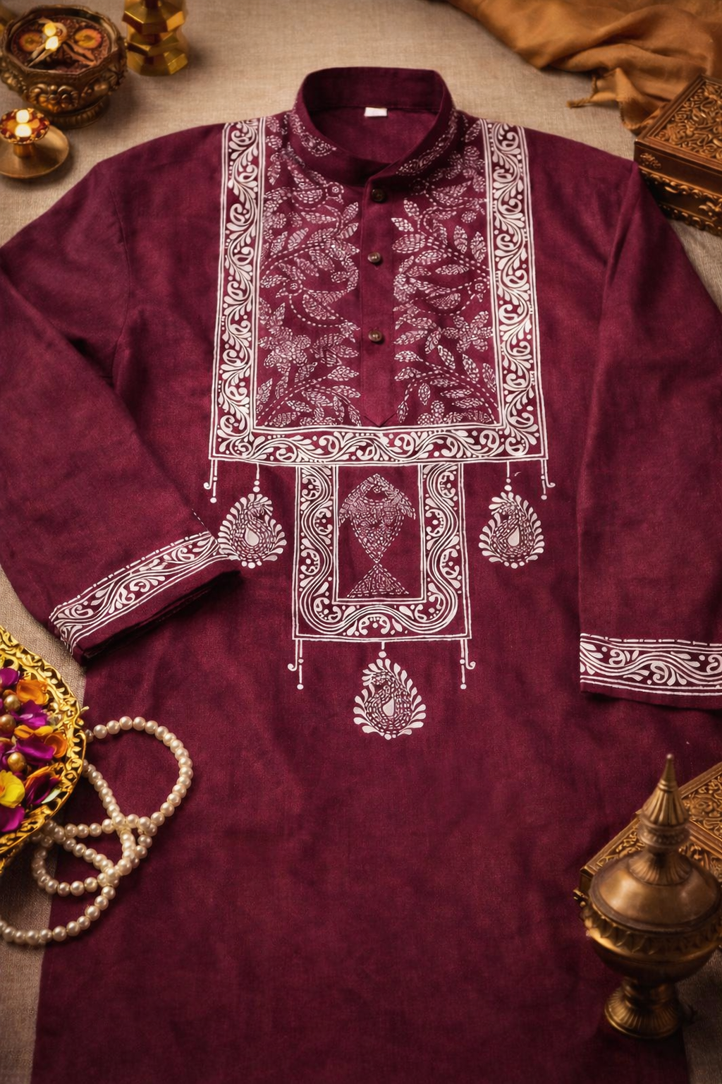 Hand-Painted Maroon Ethnic Kurta with Traditional White Motifs