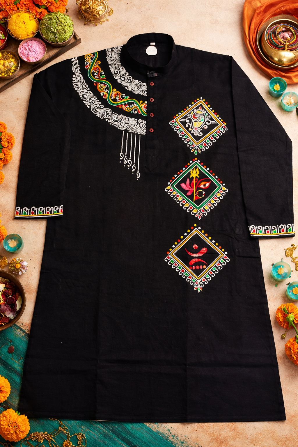 Hand-Painted Black Punjabi Kurta – Multicolor Folk Art Festive Wear