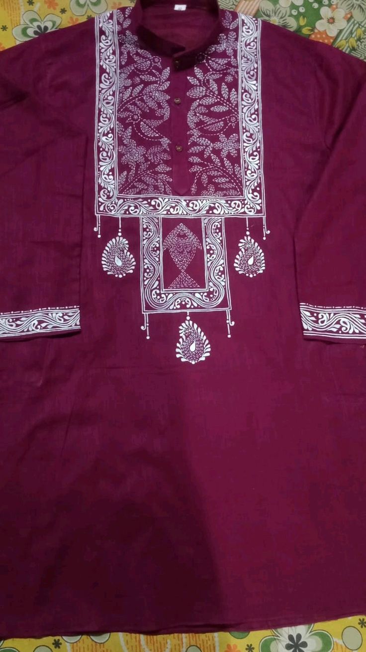 Hand-Painted Maroon Ethnic Kurta with Traditional White Motifs