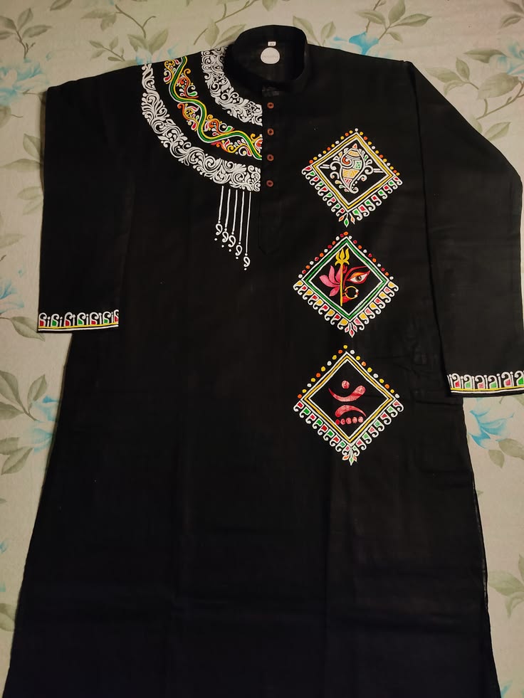 Hand-Painted Black Punjabi Kurta – Multicolor Folk Art Festive Wear