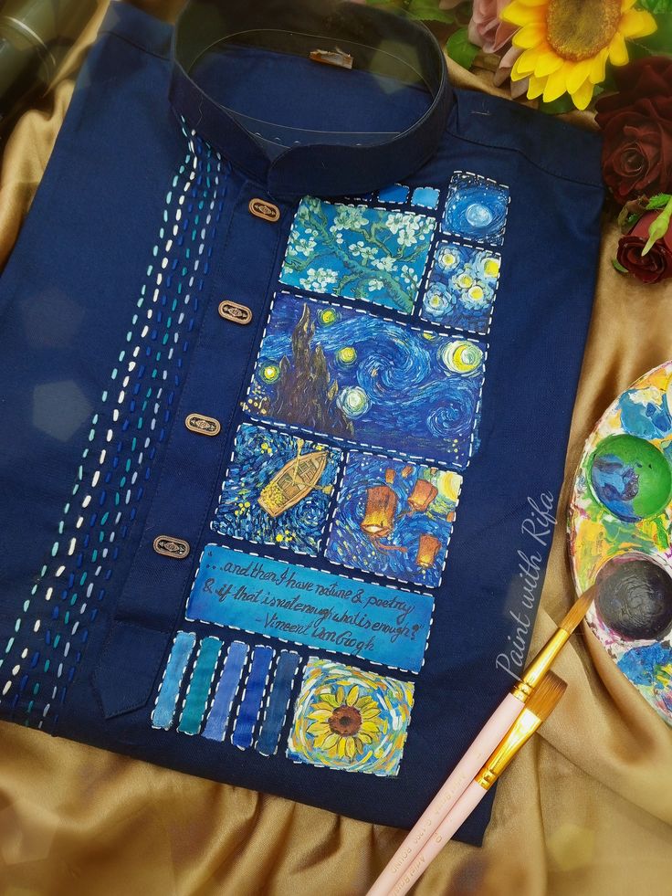 Starry Night Mosaic Hand-Painted Kurta – Midnight Blue